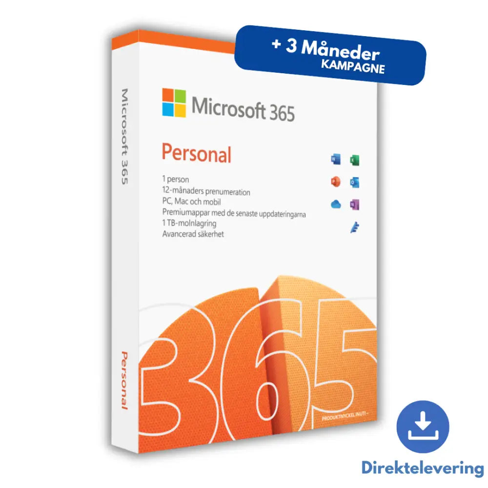 Microsoft Office 365 Personal | 1 År + 3 Måneder | Aktiver Direkte