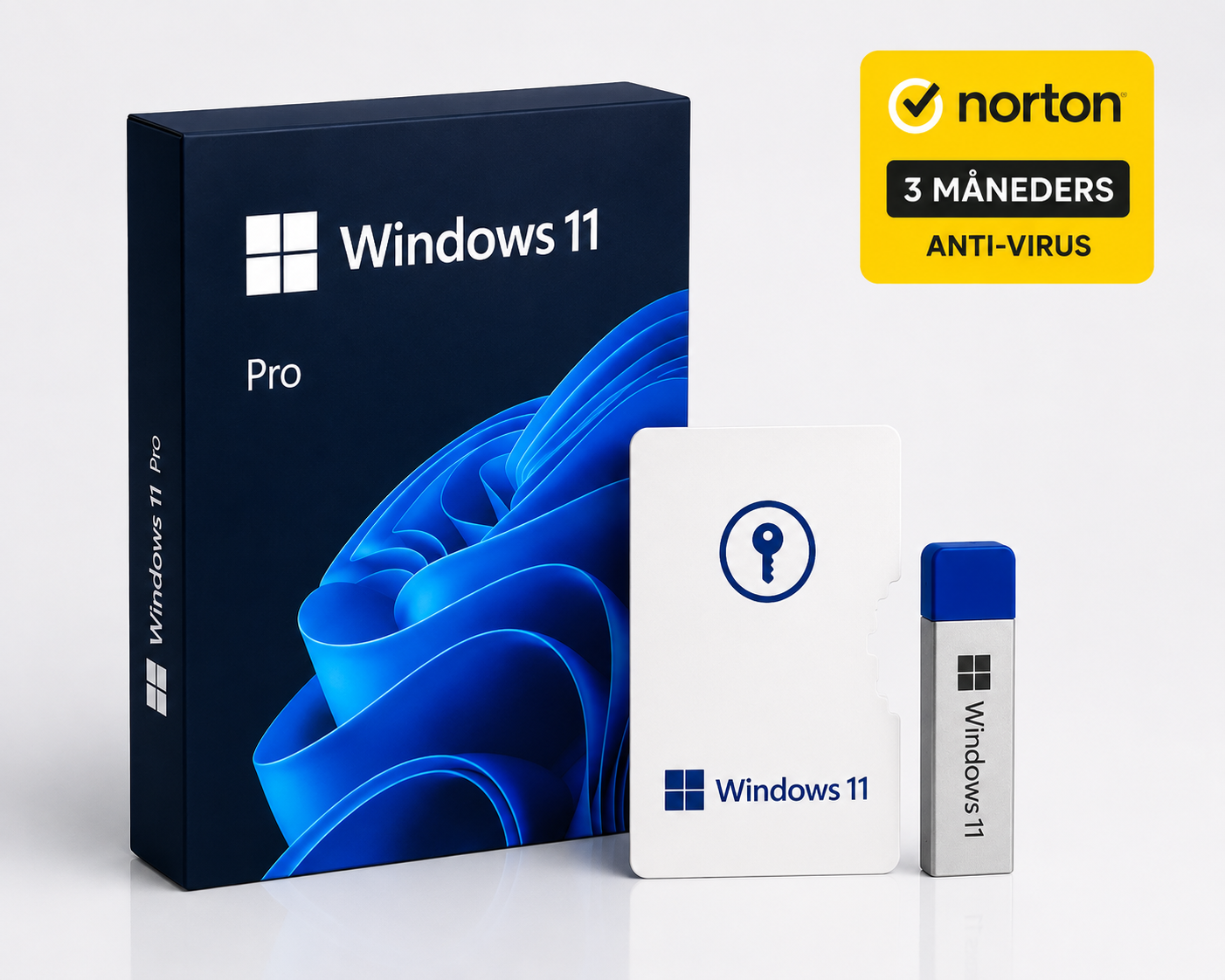 Windows 11 Pro Komplet Pakke + USB + 3 måneders Norton AntiVirus